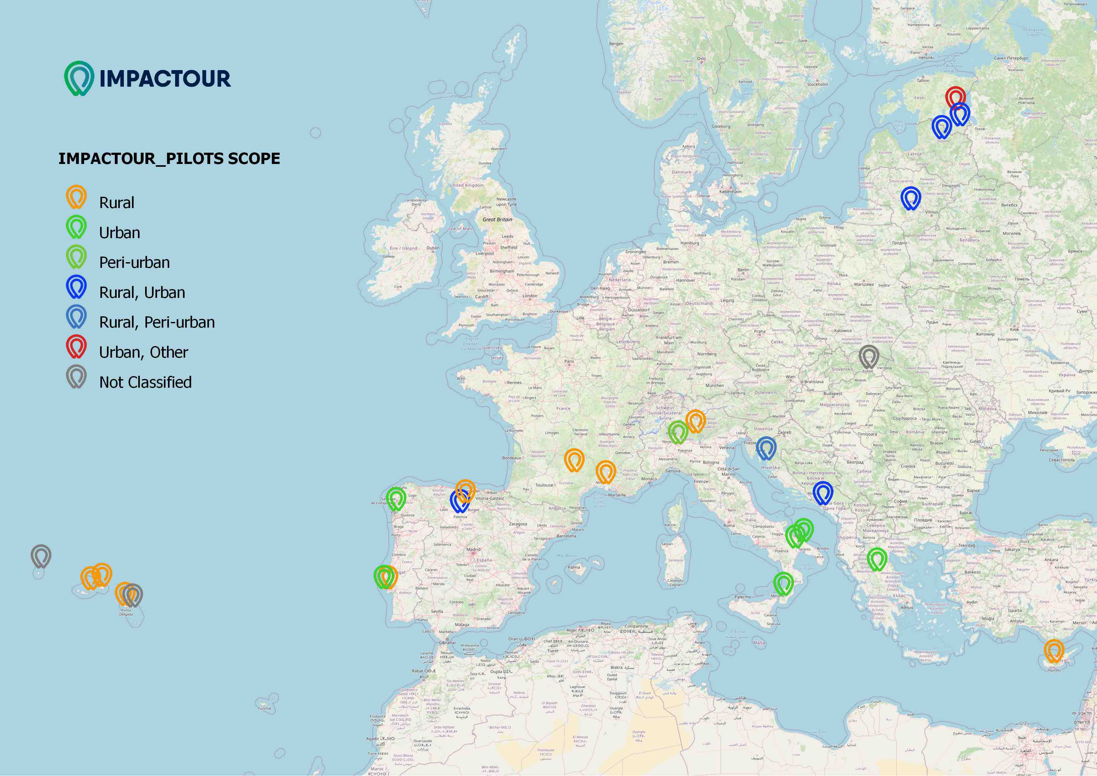 Map of Europe showing the locations of each pilot site