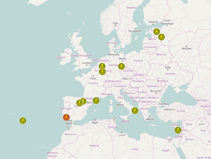 Map of Europe showing locations of the 12 partner organisations 